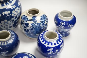 Eight Chinese blue and white ginger jars, four with lids, tallest 21cm